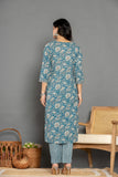 Teal Blue Floral Cotton Suit Set