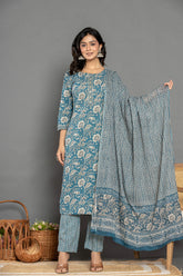 Teal Blue Floral Cotton Suit Set