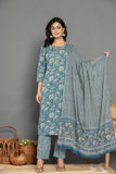 Teal Blue Floral Cotton Suit Set