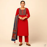 Red Ajrakh Cotton Unstitched Suit Set