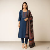 Blue Ajrakh Cotton Unstitched Suit Set