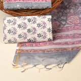 Steel Grey Pure Kota Doria Dupatta Unstitched Suit Set