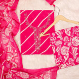 Amaranth Pink Leheriya Print Cotton Unstitched Suit Set