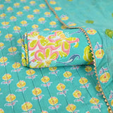 Arctic Blue Bagru Cotton Unstitched Suit Set