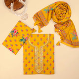 Ochre Mutard Butti Cotton Unstitched Suit Set