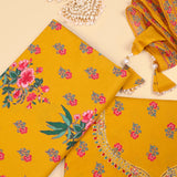 Ochre Mutard Butti Cotton Unstitched Suit Set