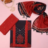 Black Red Cotton Unstitched Suit Set