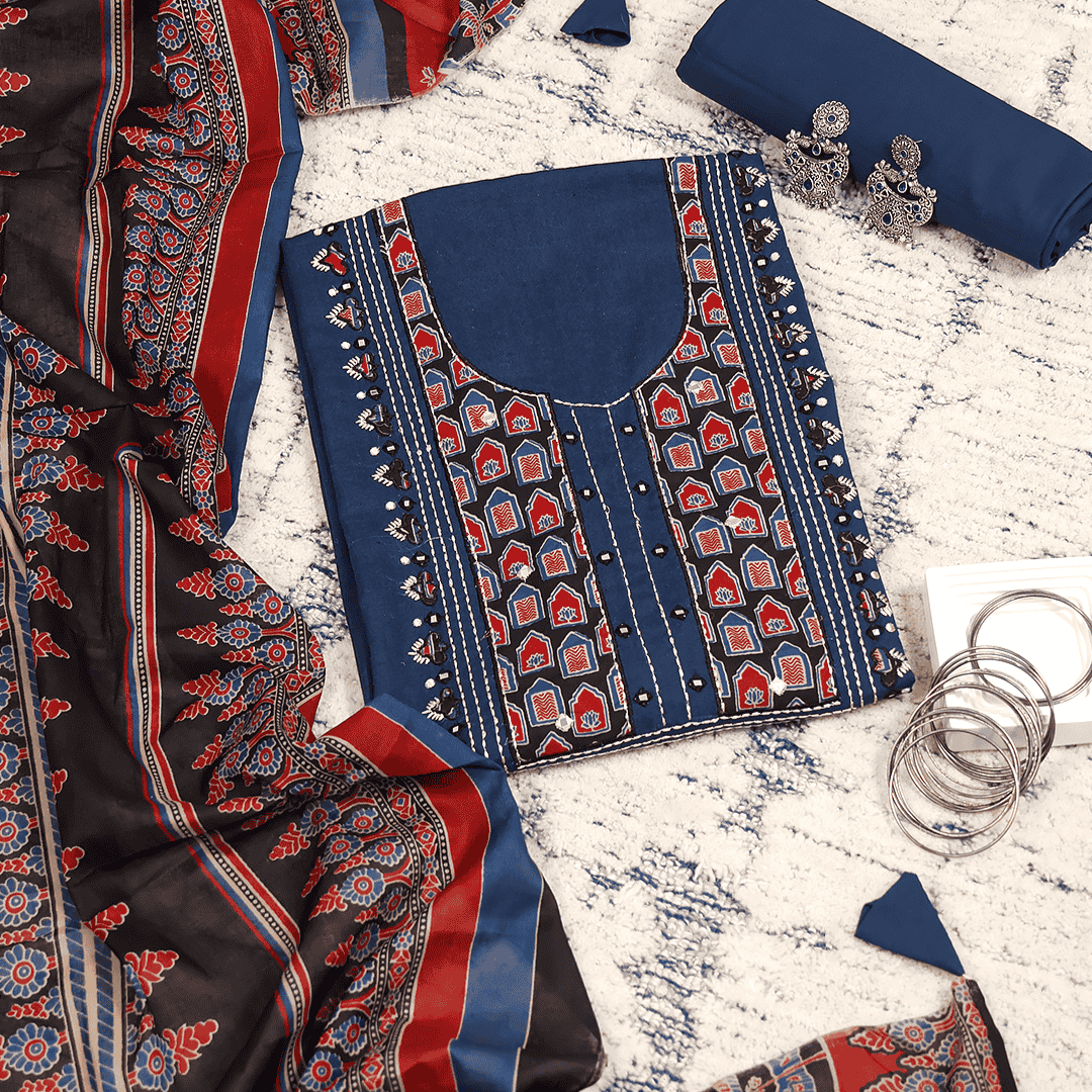 Blue Ajrakh Cotton Unstitched Suit Set Mayurika Blue Ajrakh Cotton Unstitched Suit Set Mayurika