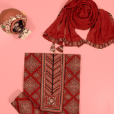 Brick Red Ikhat Print Cotton Unstitched Suit Set