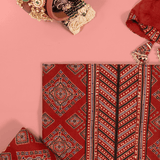 Brick Red Ikhat Print Cotton Unstitched Suit Set