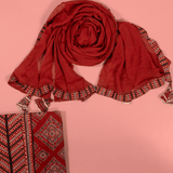 Brick Red Ikhat Print Cotton Unstitched Suit Set