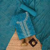 Bright Firozi Bandhani Cotton Unstitched Suit Set