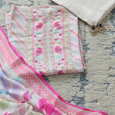 Creamy White Leheriya Silk Unstitched Suit Set