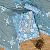 Cyan Blue Floral Print Cotton Unstitched Salwar Suit
