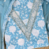 Cyan Blue Floral Print Cotton Unstitched Salwar Suit