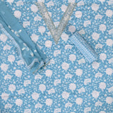 Cyan Blue Floral Print Cotton Unstitched Salwar Suit
