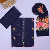 Deep Blue Floral Cotton Unstitched Suit Set