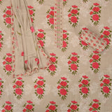 Latte Cream Floral Cotton Unstitched Suit Set