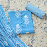 Powder Blue Motif Print Cotton Unstitched Suit Set