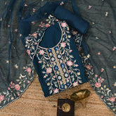 Prusian Blue Silk Unstitched Suit Set