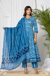 Teal Blue Hand Batik Angrakha Suit Set