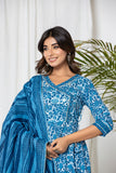 Teal Blue Hand Batik Angrakha Suit Set