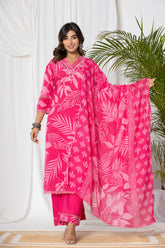 Watermelon Pink Palm Cotton Suit Set