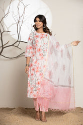White Peach Floral Embroidered Cotton Suit Set