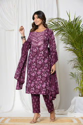 Wine Floral Cotton Suit Set