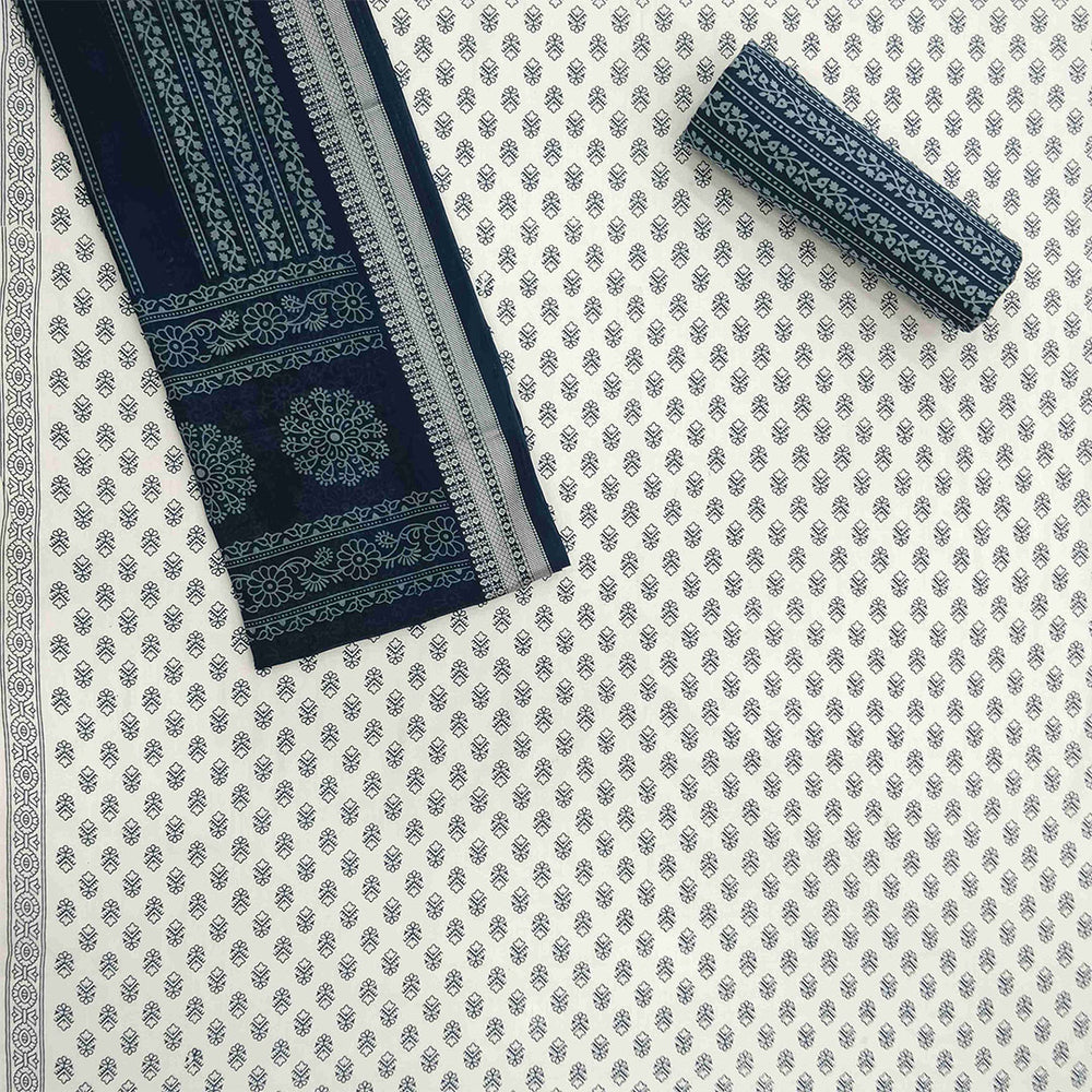 Blue and White Tulip Cotton Unstitched Jaipuri Suit Set With Malmal Dupatta