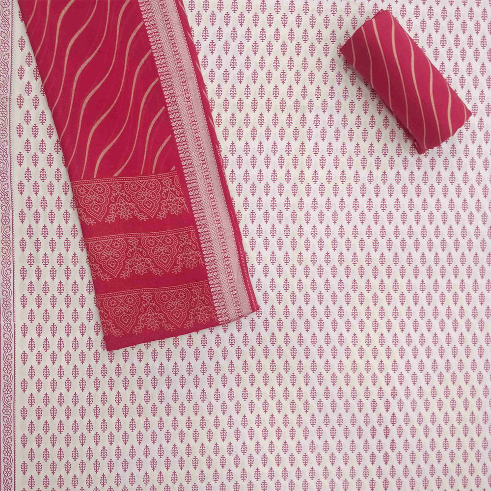 Blush White Fount Cotton Unstitched Jaipuri Suit Set With Malmal Dupatta