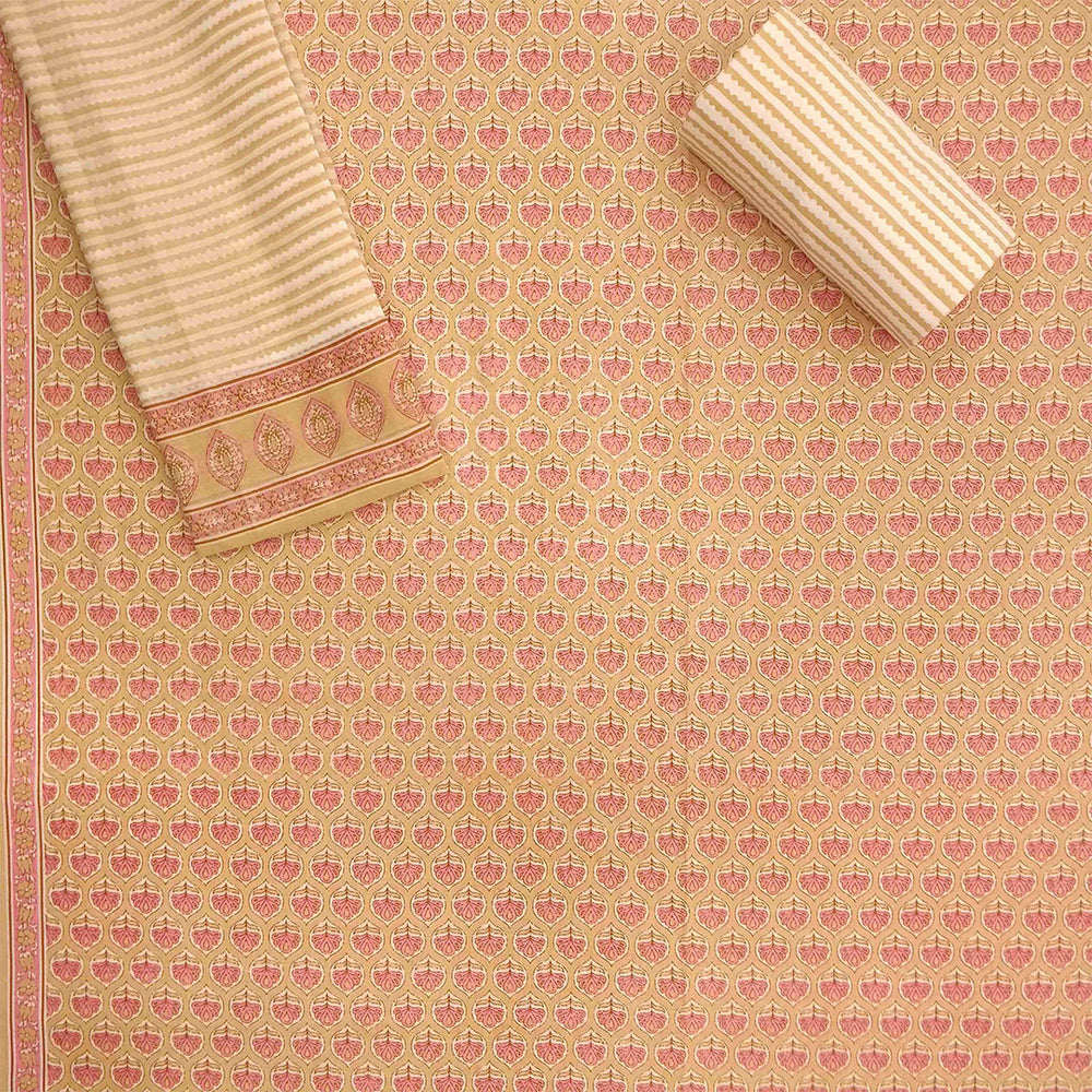 Buttercup Beige Cotton Unstitched Jaipuri Suit Set With Malmal Dupatta