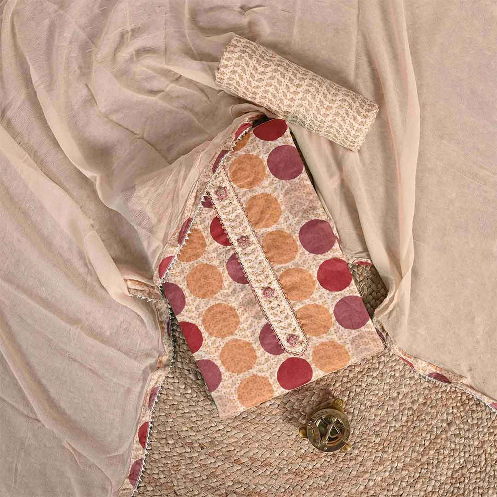 Coconut Beige Dots Cotton Unstitched Jaipuri Suit Set With Chiffon Dupatta