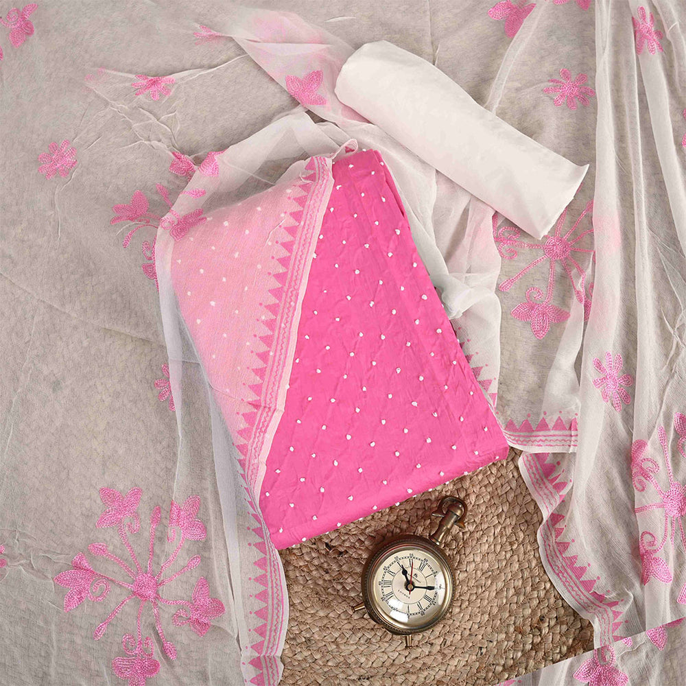 French Knot Pink Unstitched Cotton Rajasthani Salwar Suit With Chiffon Dupatta