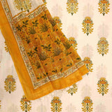 Golden Block Print Cotton Unstitched Jaipuri Suit Set With Dupatta
