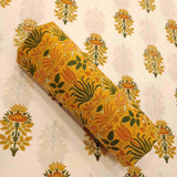 Golden Block Print Cotton Unstitched Jaipuri Suit Set With Dupatta