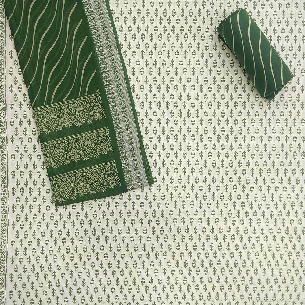 Green White Fount Unstitched Cotton Jaipuri Salwar Suit With Malmal Dupatta