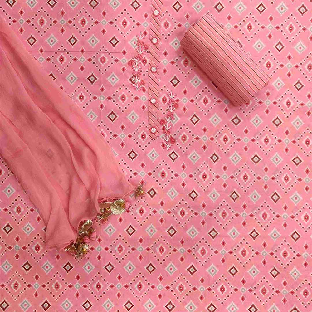 Ikat Pink Unstitched Cotton Jaipuri Salwar Suit With Chiffon Dupatta