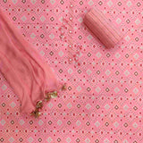 Ikat Pink Unstitched Cotton Jaipuri Salwar Suit With Chiffon Dupatta