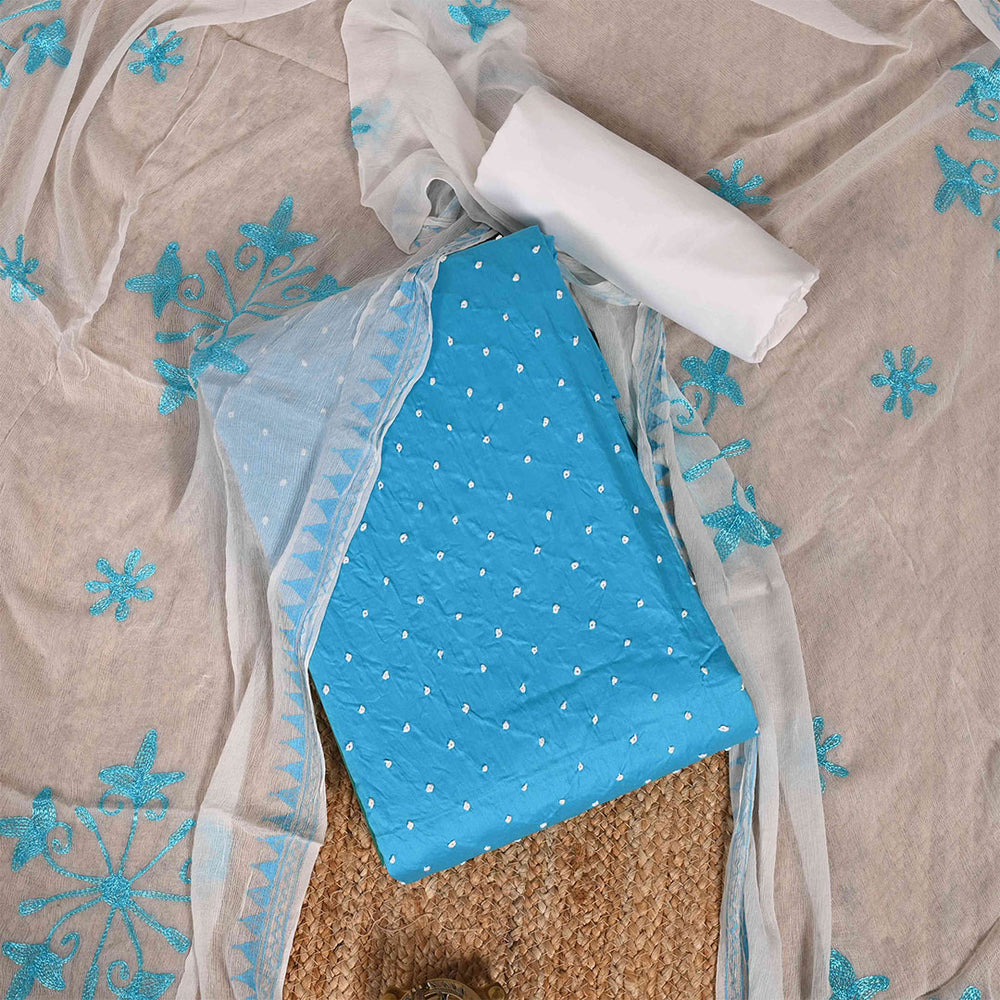 Ocean Blue Unstitched Cotton Jaipuri Suit Set With Chiffon Dupatta