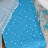 Ocean Blue Unstitched Cotton Jaipuri Suit Set With Chiffon Dupatta