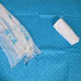 Ocean Blue Unstitched Cotton Jaipuri Suit Set With Chiffon Dupatta