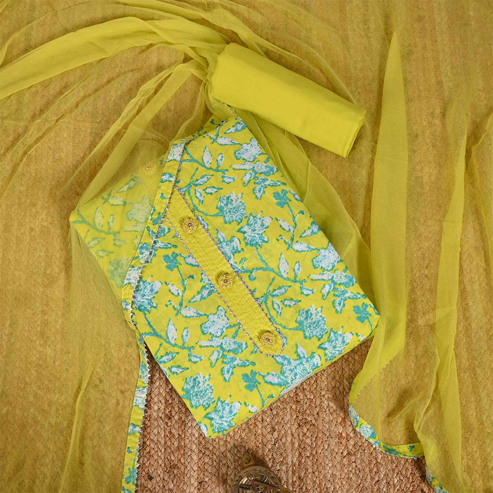 Pantone Green Unstitched Cotton Rajasthani Salwar Suit With Chiffon Dupatta