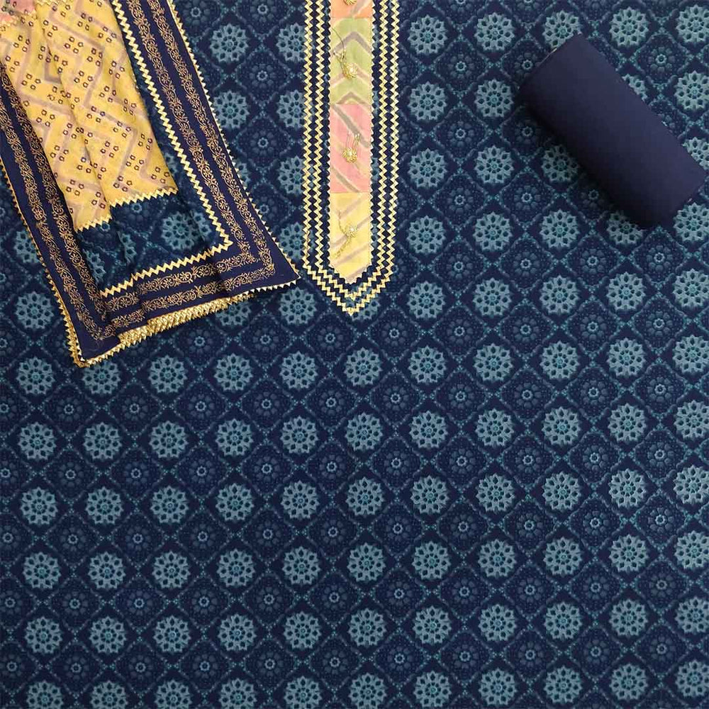 Prussian Dabu Print Unstitched Cotton Rajasthani Salwar Suit With Malmal Dupatta