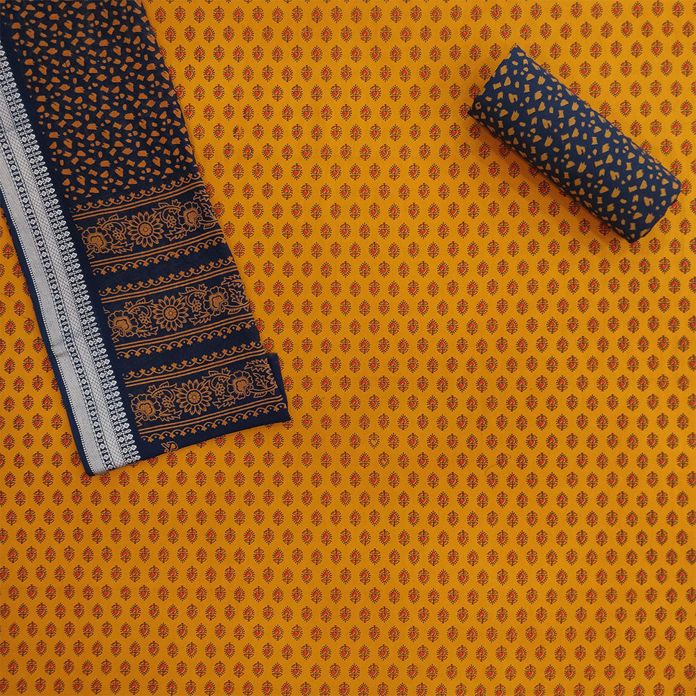 Yellow Blue Heart Unstitched Cotton Rajasthani Suit Set With Malmal Dupatta