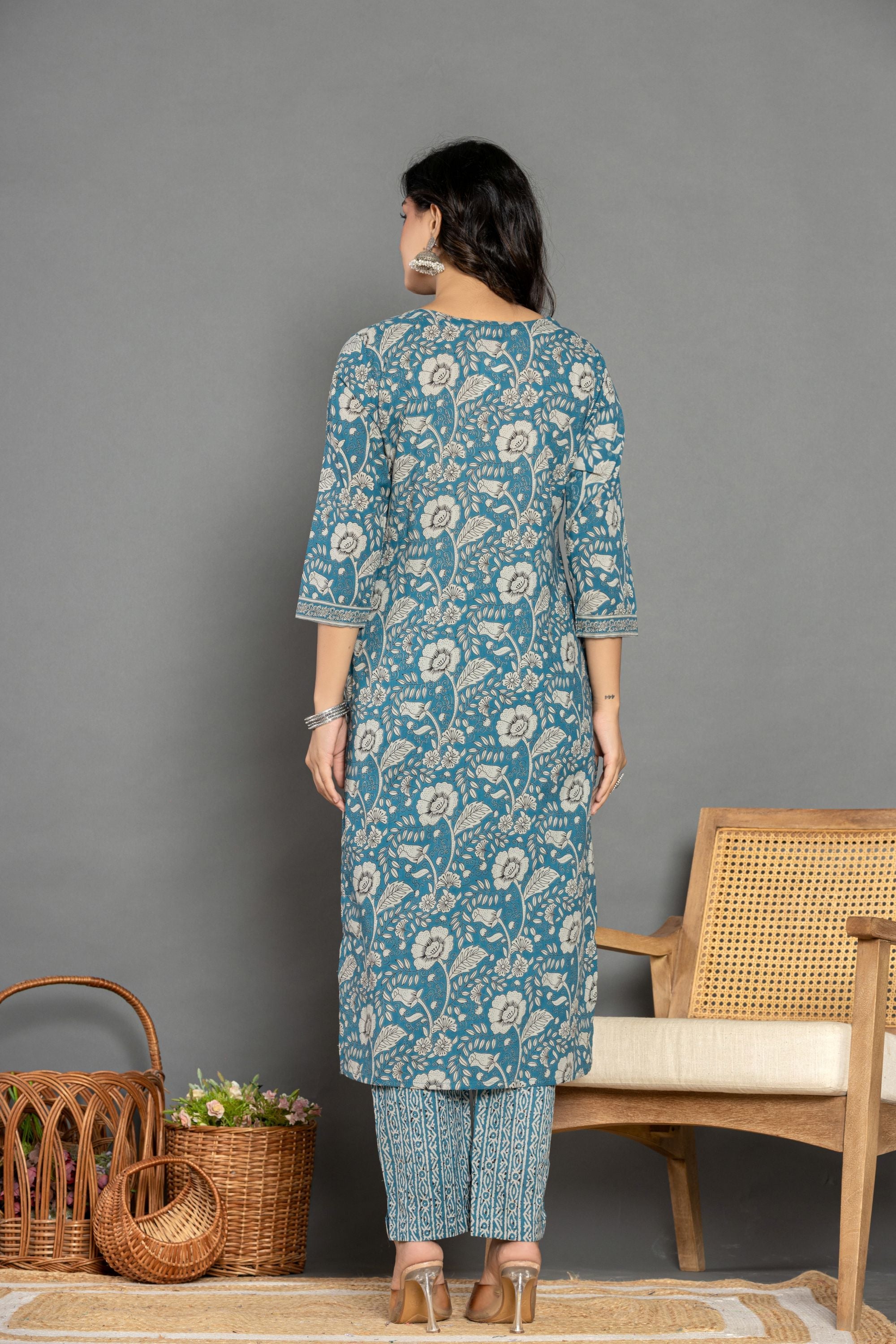 Teal Blue Floral Cotton Suit Set