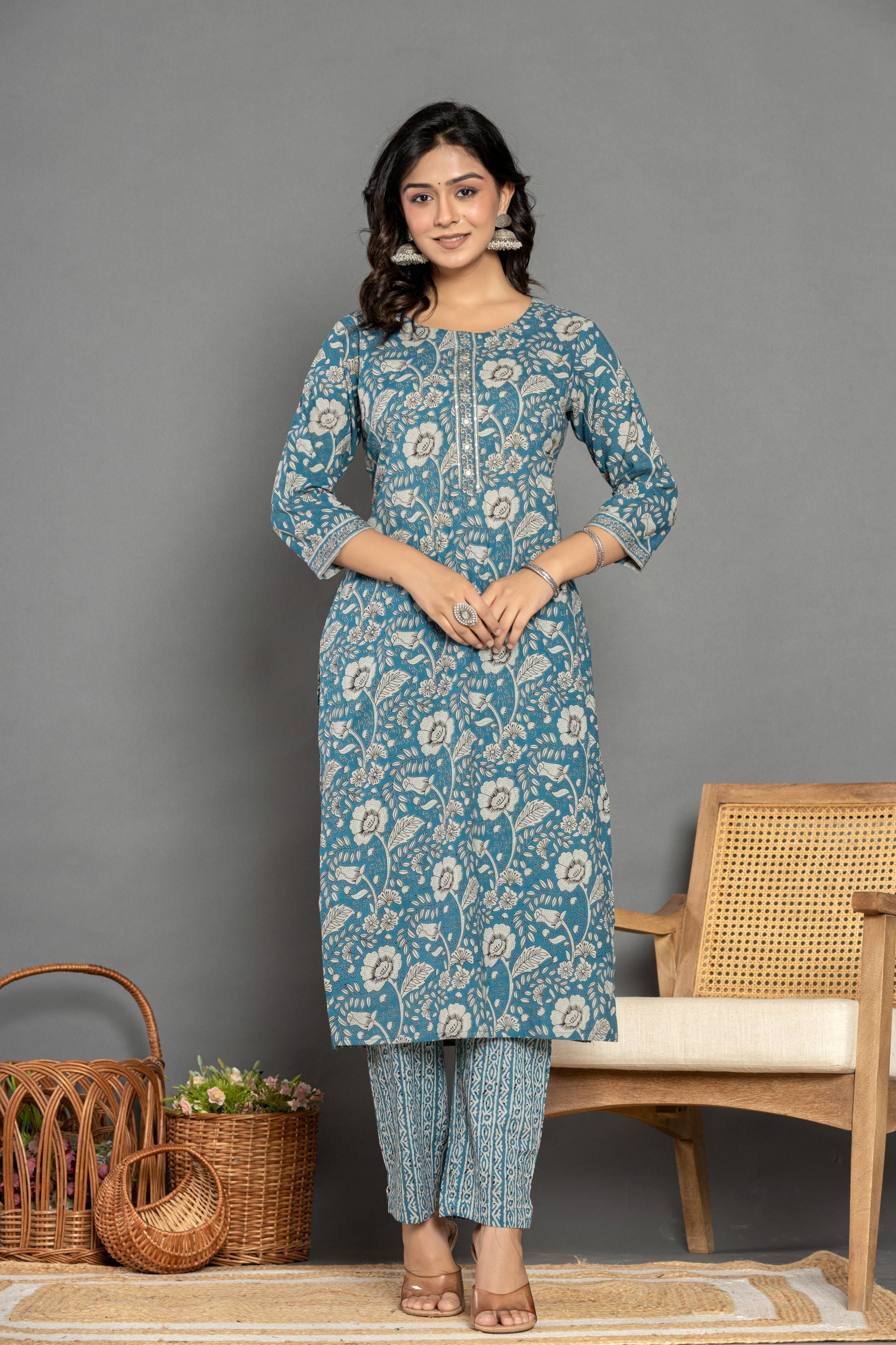 Teal Blue Floral Cotton Suit Set