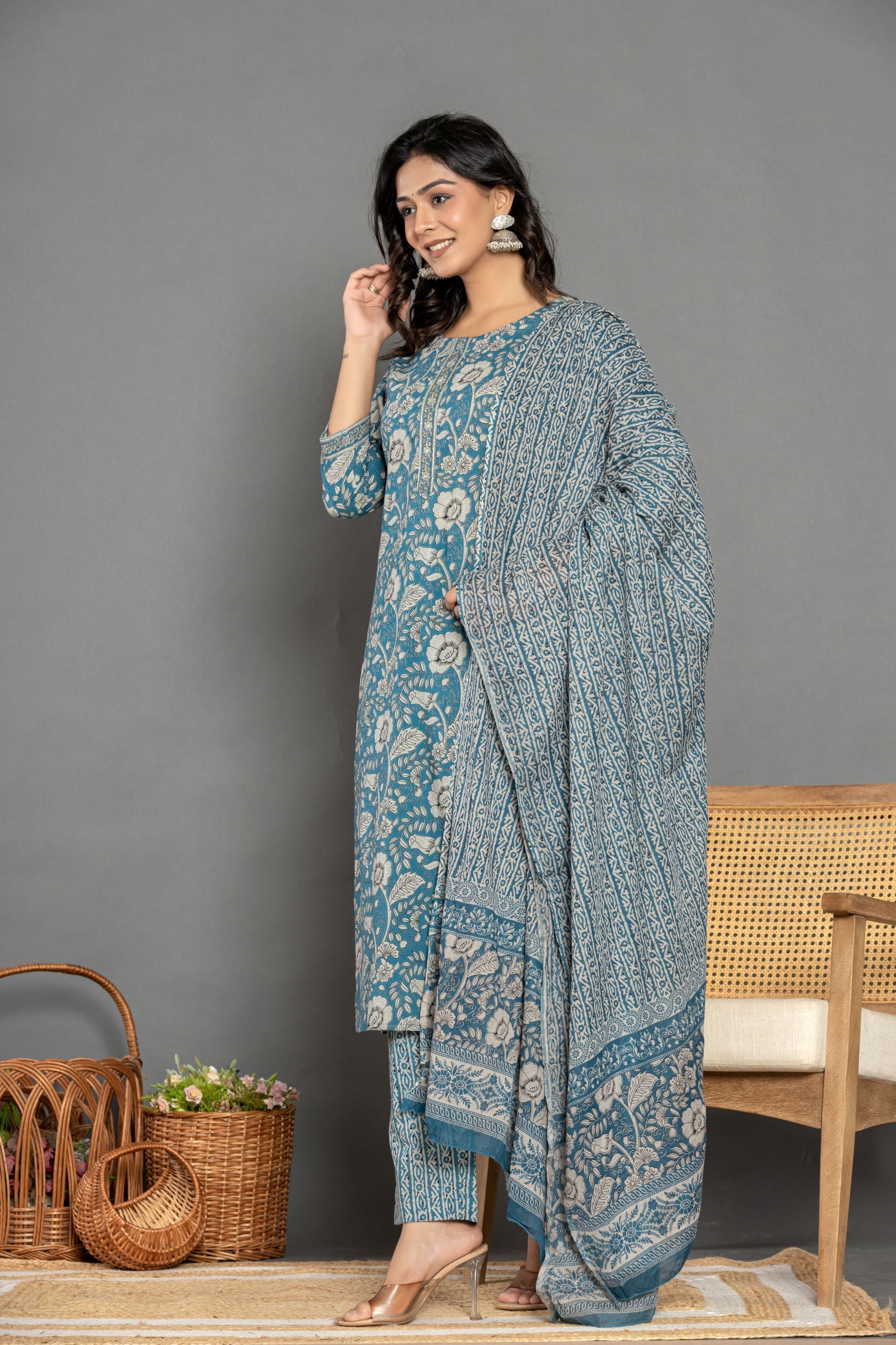 Teal Blue Floral Cotton Suit Set