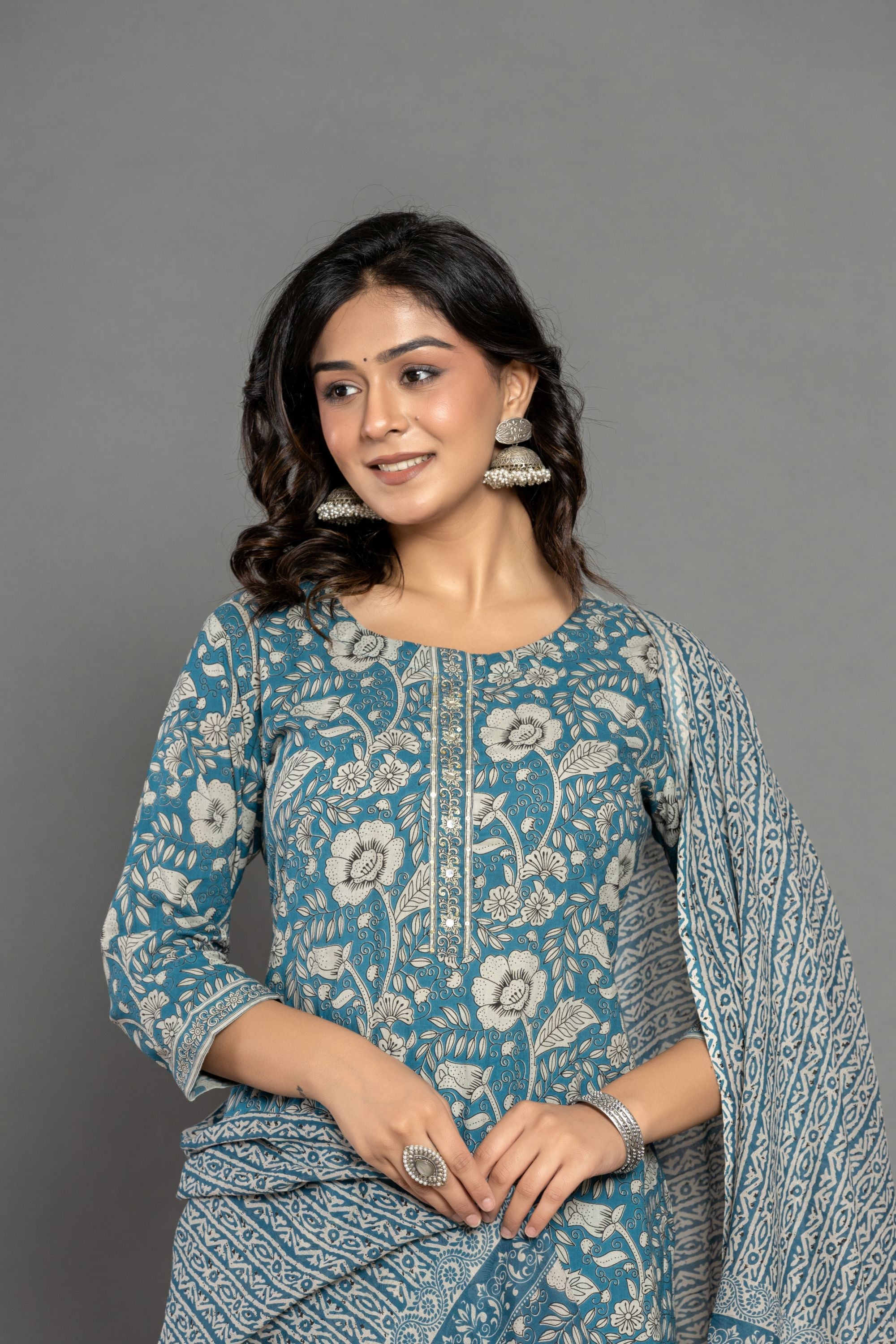 Teal Blue Floral Cotton Suit Set