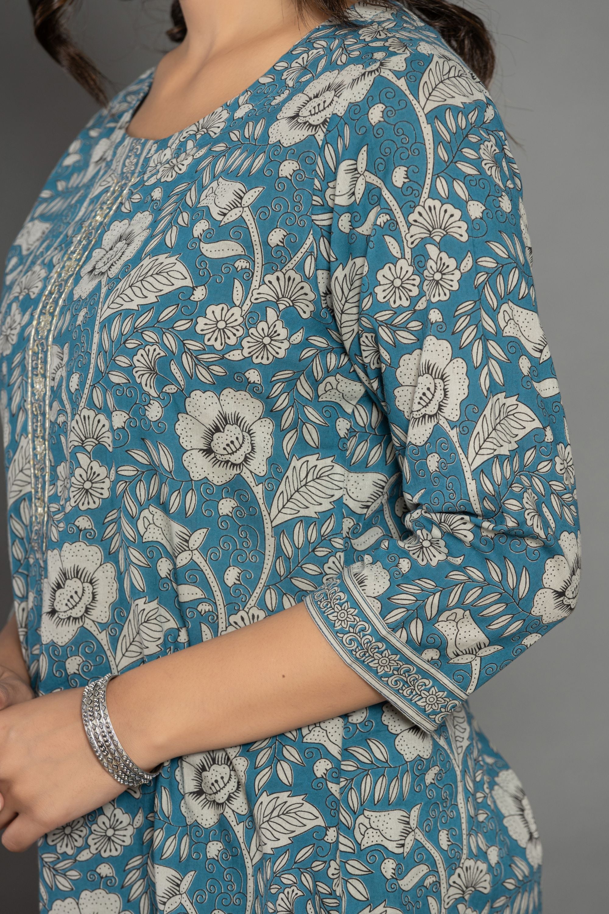 Teal Blue Floral Cotton Suit Set
